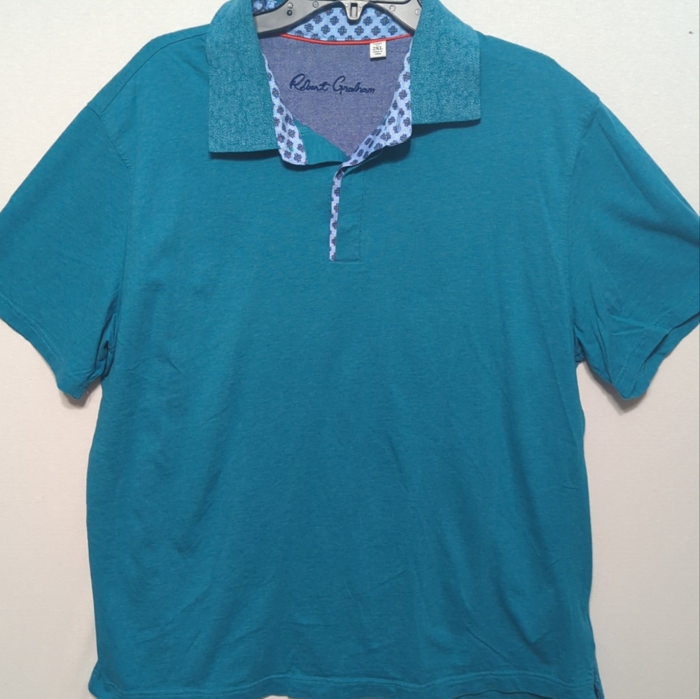 Robert Graham Mens Teal Blue Short Sleeve Polo Shirt‎ Classic Fit Size 2XL 597